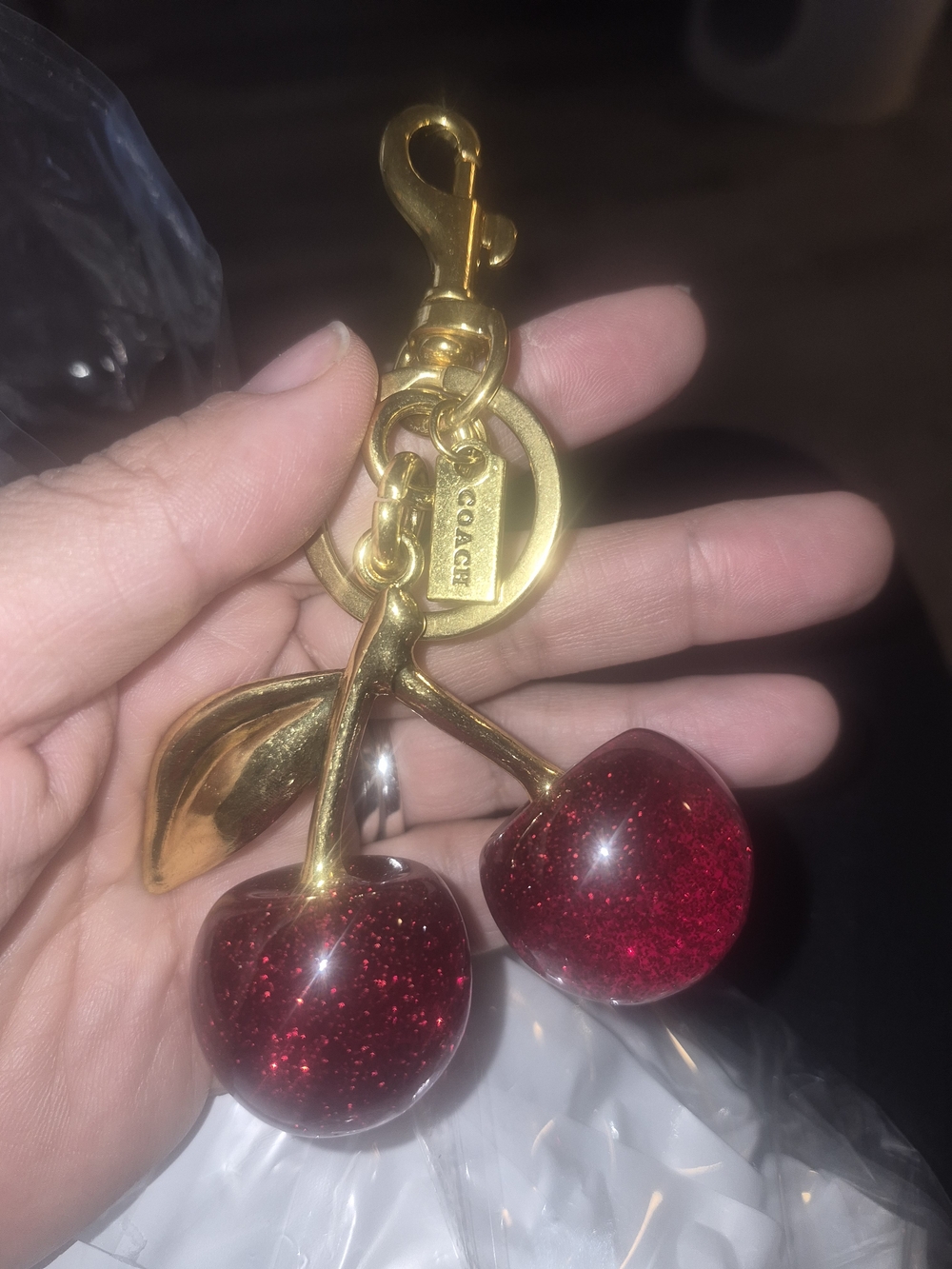 Gold Cherry Keychain - Red Glitter Cherries